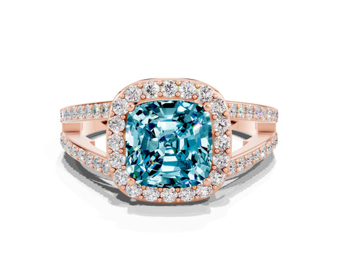 Rose gold Cushion Cut Blue Topaz Halo Ring with Split Shank U-Prong Band and Four-Prong Setting