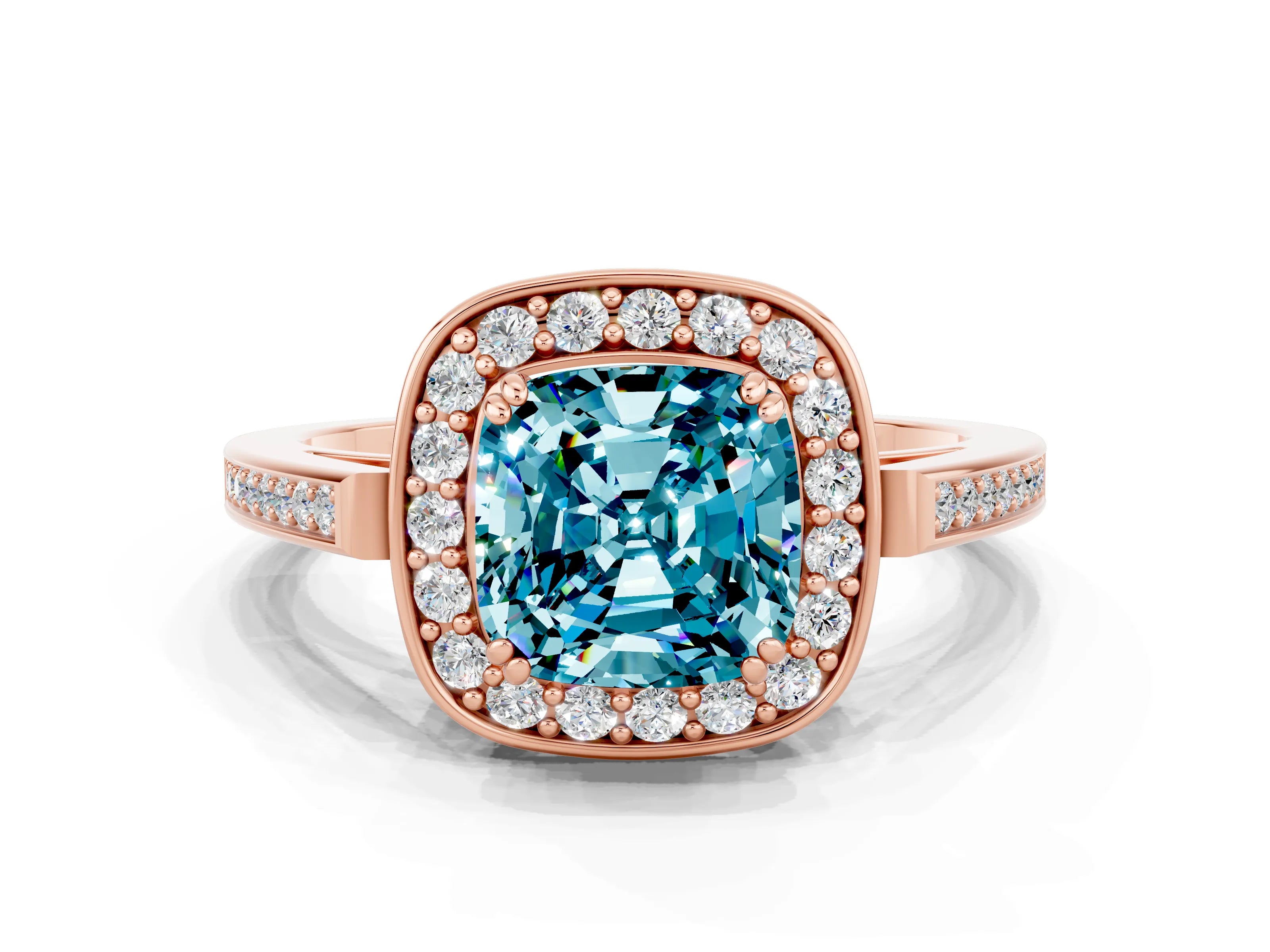 Rose gold Cushion Cut Blue Topaz Halo Ring with Split Shank and Four-Prong Setting_12