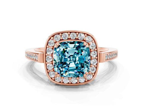 Rose gold Cushion Cut Blue Topaz Halo Ring with Split Shank and Four-Prong Setting_12