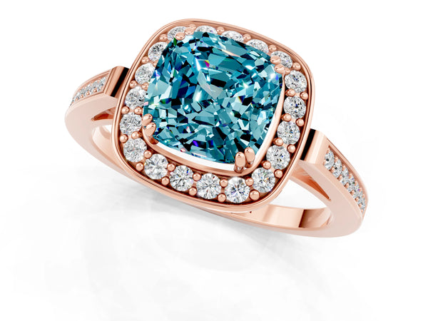 Rose gold Cushion Cut Blue Topaz Halo Ring with Split Shank and Four-Prong Setting