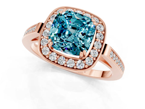 Rose gold Cushion Cut Blue Topaz Halo Ring with Split Shank and Four-Prong Setting_13
