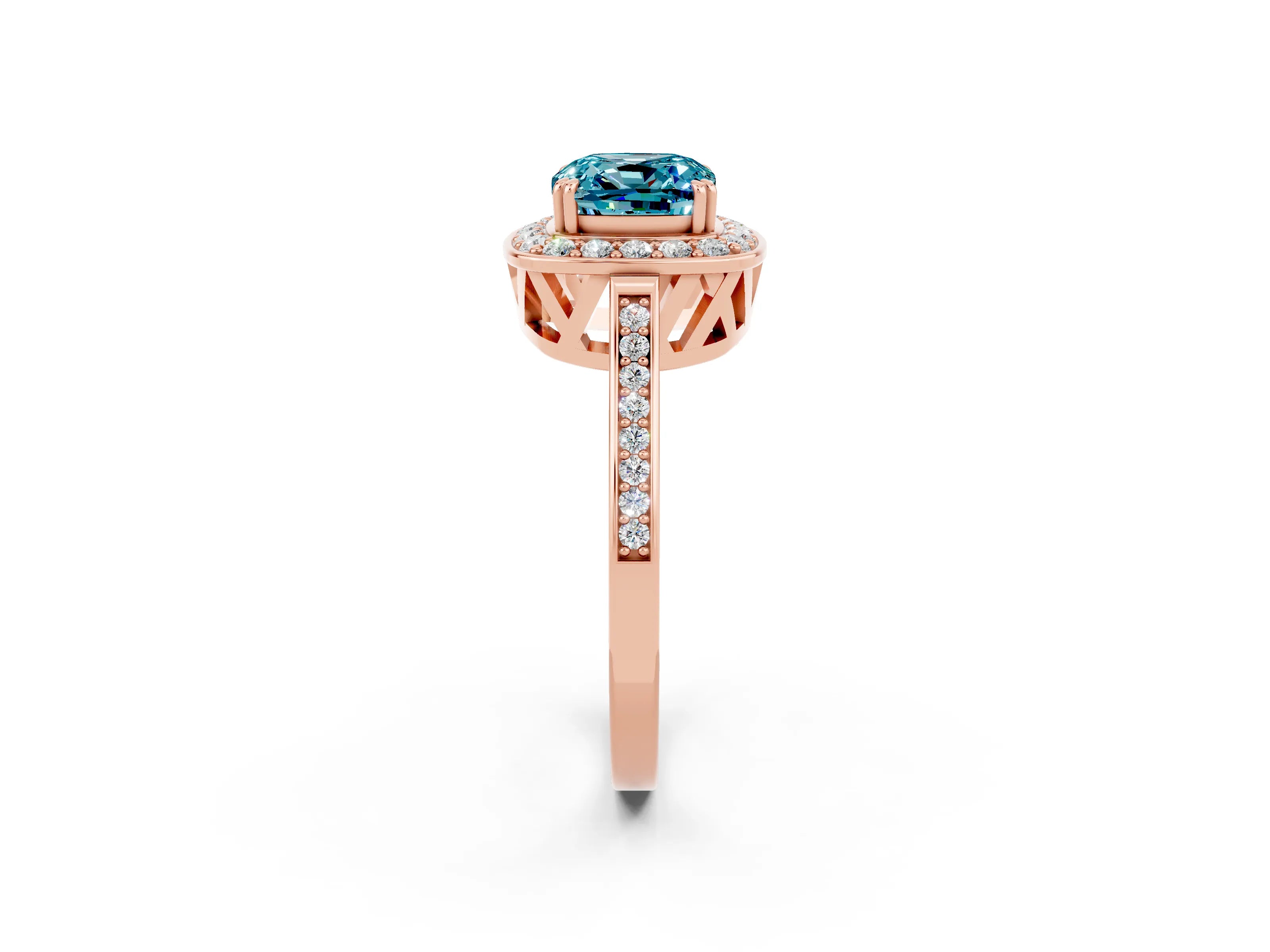 Rose gold Cushion Cut Blue Topaz Halo Ring with Split Shank and Four-Prong Setting_14