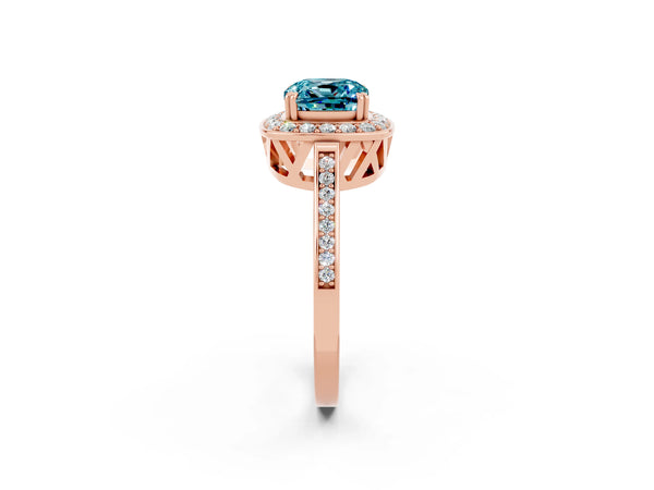 Rose gold Cushion Cut Blue Topaz Halo Ring with Split Shank and Four-Prong Setting