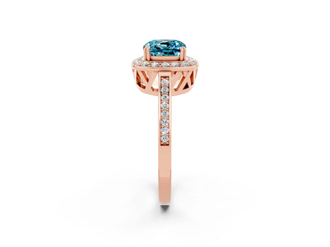 Rose gold Cushion Cut Blue Topaz Halo Ring with Split Shank and Four-Prong Setting_14