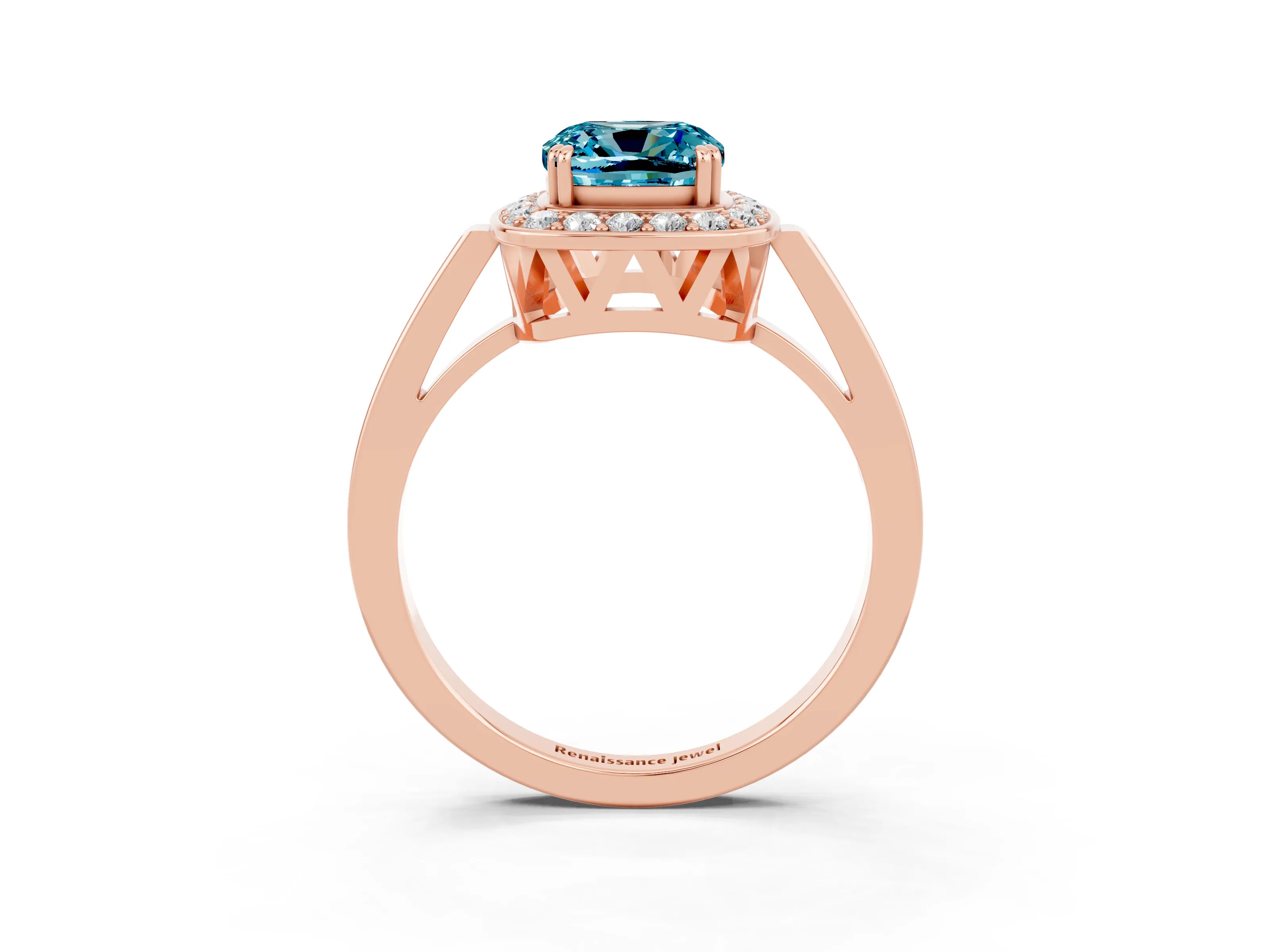 Rose gold Cushion Cut Blue Topaz Halo Ring with Split Shank and Four-Prong Setting_15