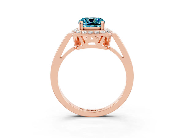 Rose gold Cushion Cut Blue Topaz Halo Ring with Split Shank and Four-Prong Setting