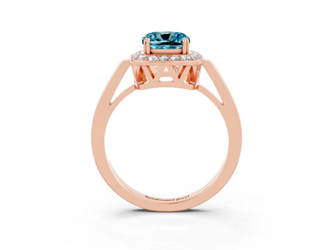 Rose gold Cushion Cut Blue Topaz Halo Ring with Split Shank and Four-Prong Setting_15
