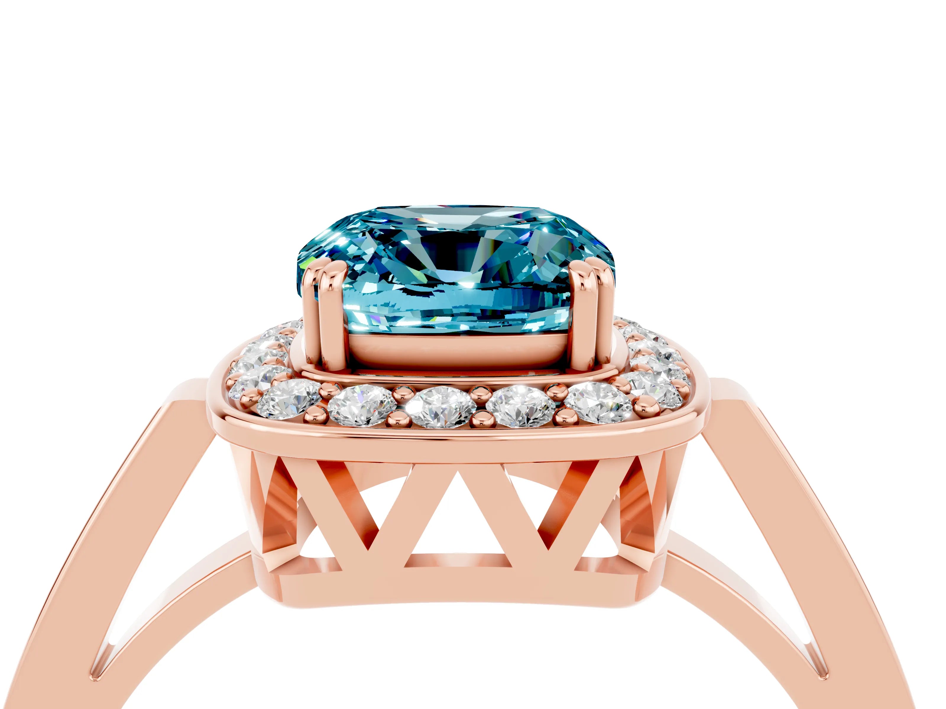 Rose gold Cushion Cut Blue Topaz Halo Ring with Split Shank and Four-Prong Setting_16