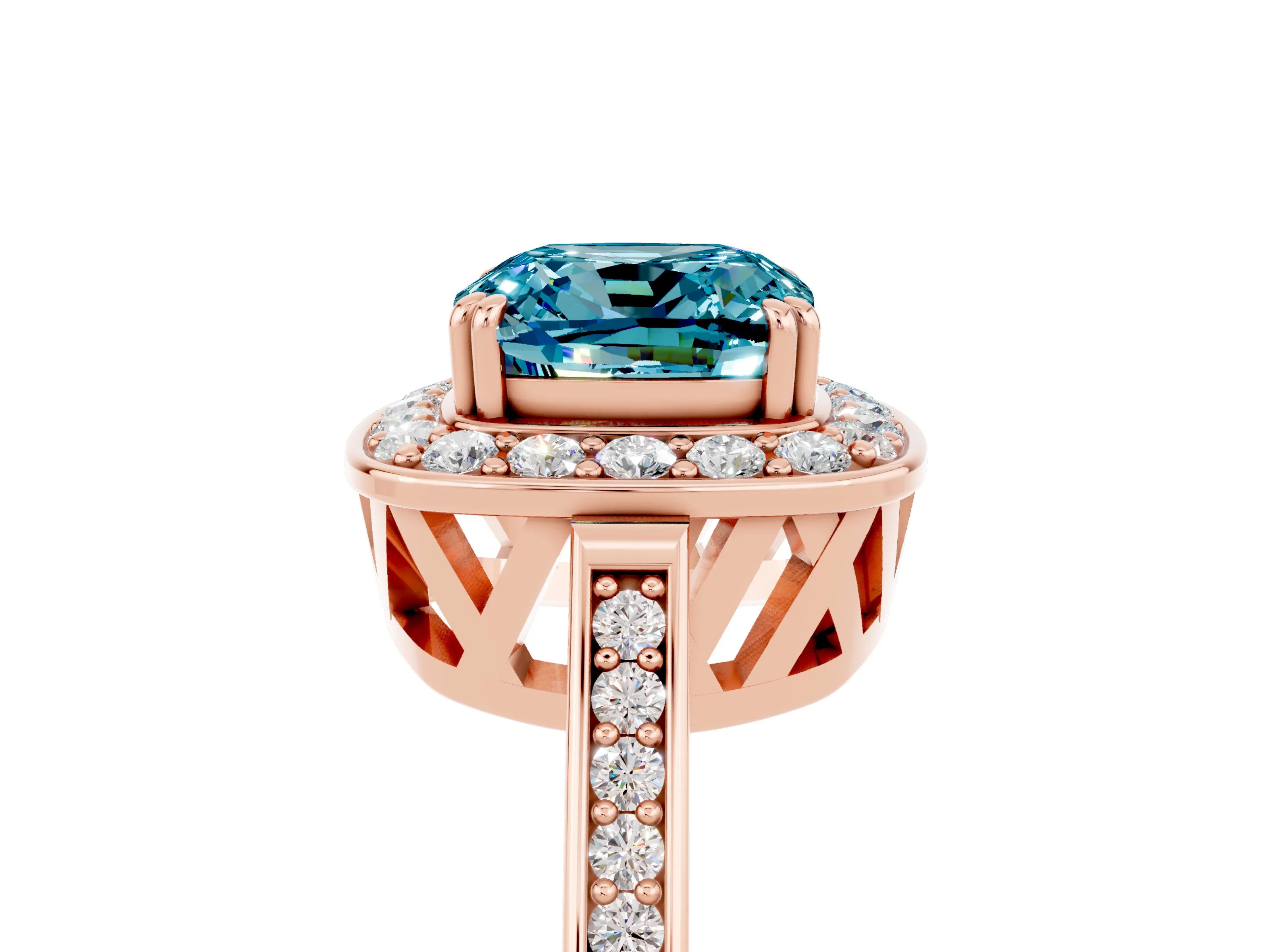 Rose gold Cushion Cut Blue Topaz Halo Ring with Split Shank and Four-Prong Setting_17