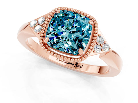 Rose gold Cushion Cut Blue Topaz Halo Ring with Tapered Band and Four-Prong Setting_1