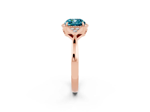 Rose gold Cushion Cut Blue Topaz Halo Ring with Tapered Band and Four-Prong Setting