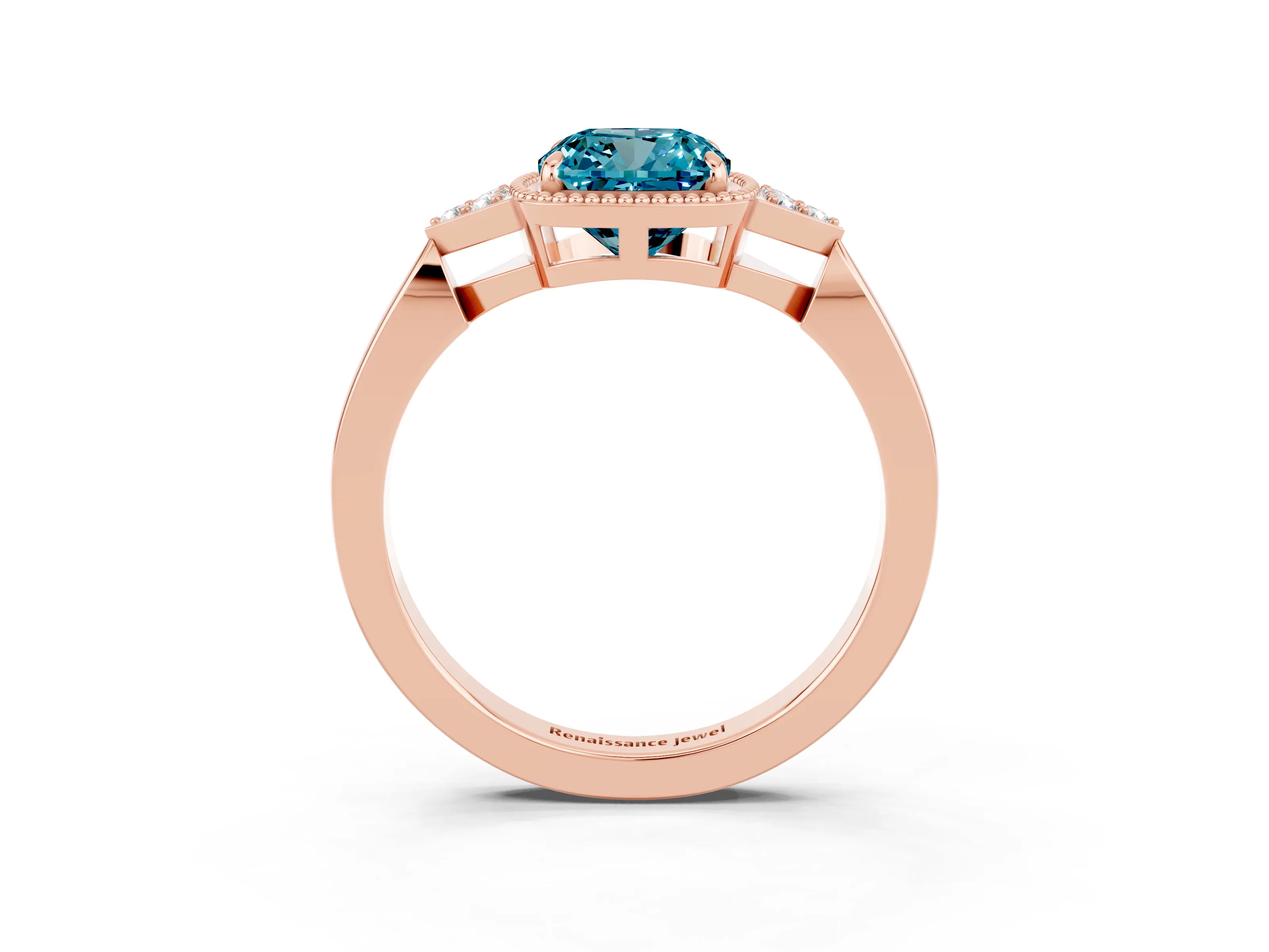 Rose gold Cushion Cut Blue Topaz Halo Ring with Tapered Band and Four-Prong Setting_3
