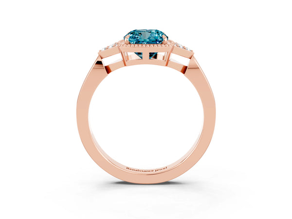 Rose gold Cushion Cut Blue Topaz Halo Ring with Tapered Band and Four-Prong Setting