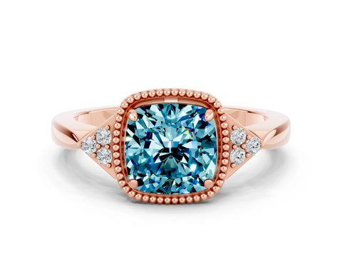 Rose gold Cushion Cut Blue Topaz Halo Ring with Tapered Band and Four-Prong Setting