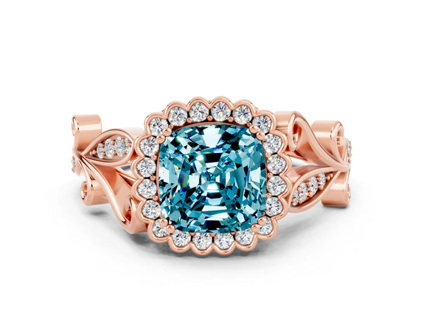 Rose gold Cushion Cut Blue Topaz Halo Ring with Vintage Split Shank and Four-Prong Setting