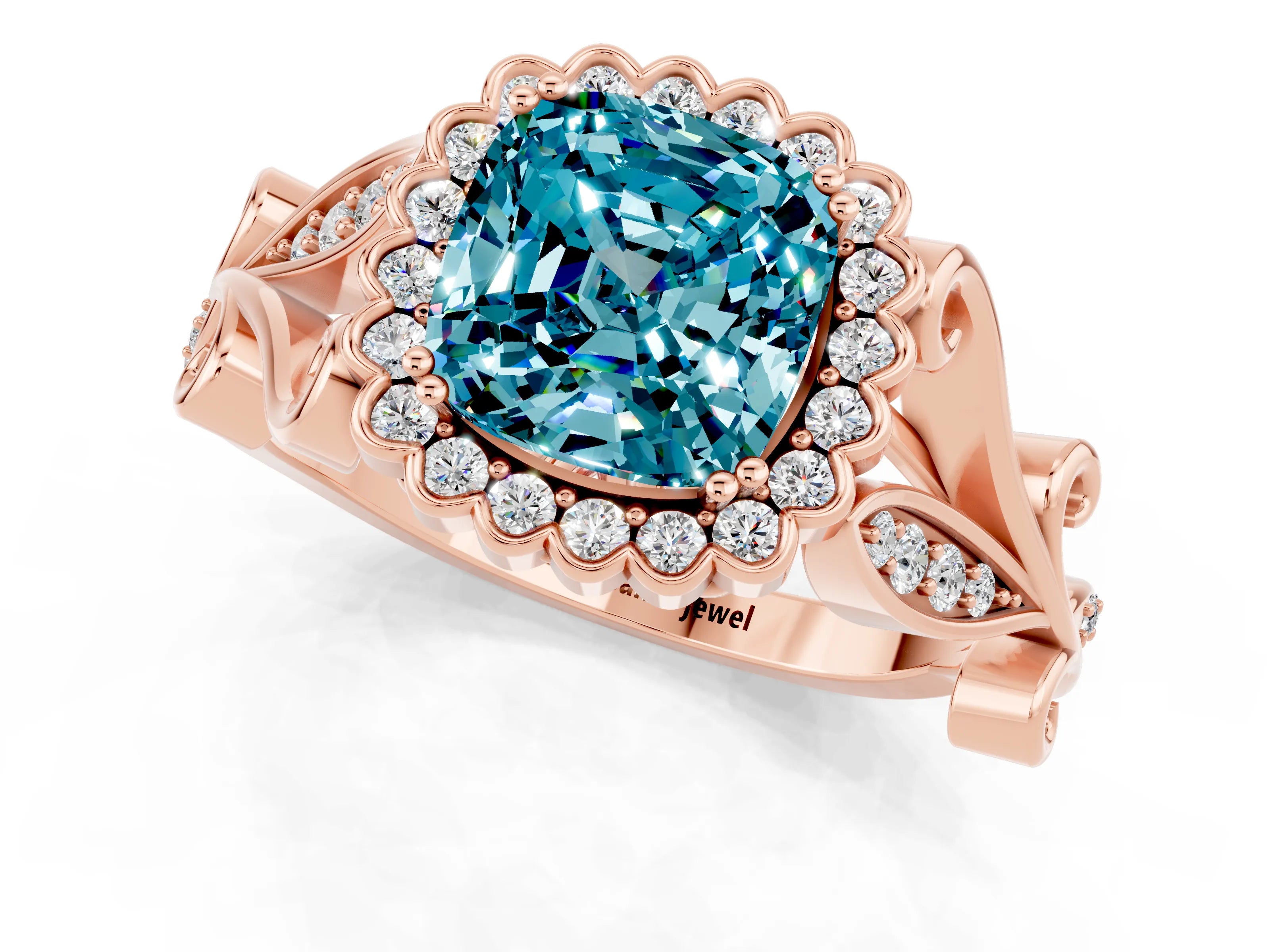 Rose gold Cushion Cut Blue Topaz Halo Ring with Vintage Split Shank and Four-Prong Setting_1