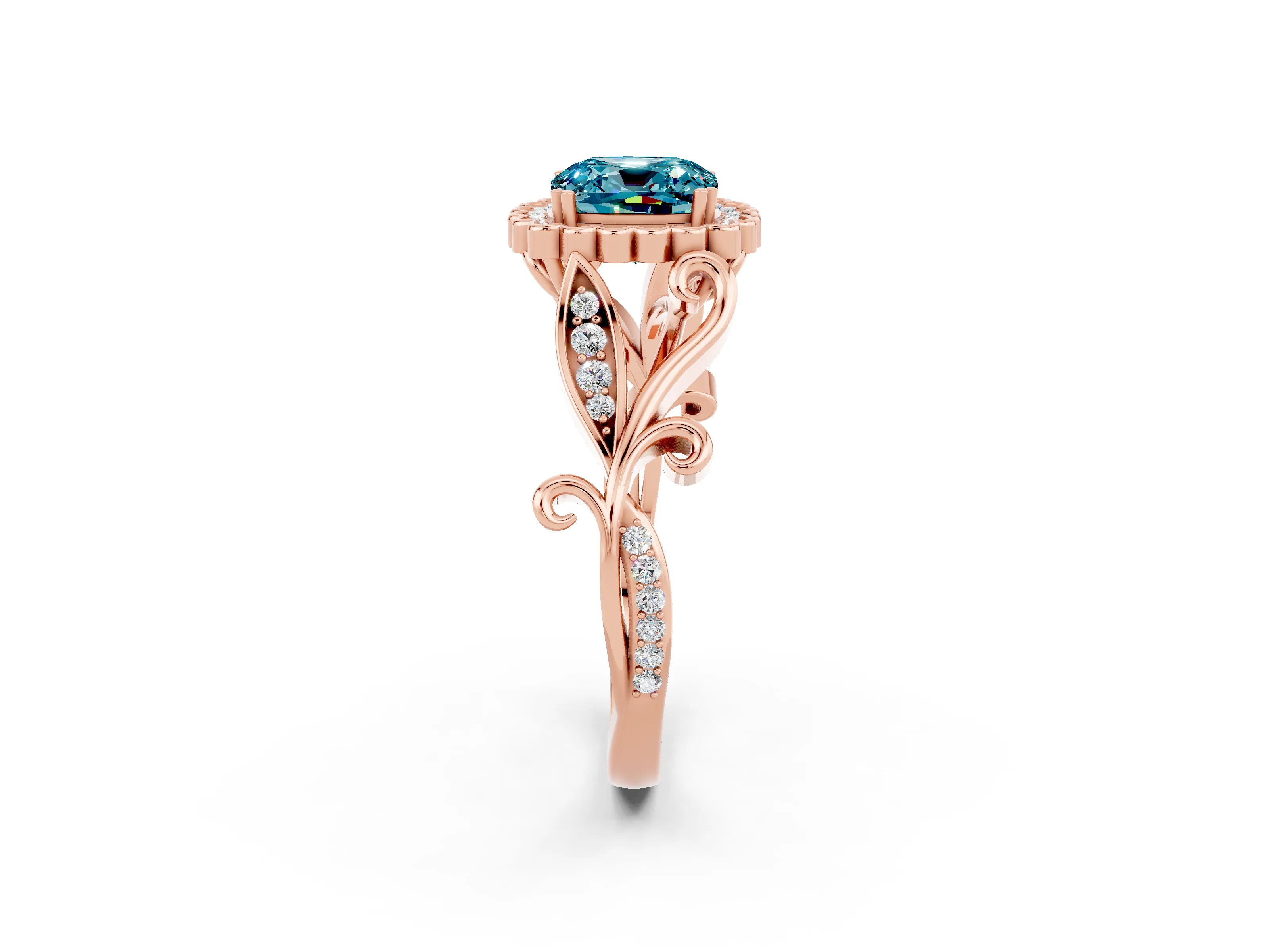 Rose gold Cushion Cut Blue Topaz Halo Ring with Vintage Split Shank and Four-Prong Setting_2