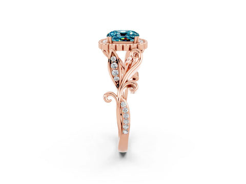 Rose gold Cushion Cut Blue Topaz Halo Ring with Vintage Split Shank and Four-Prong Setting_2