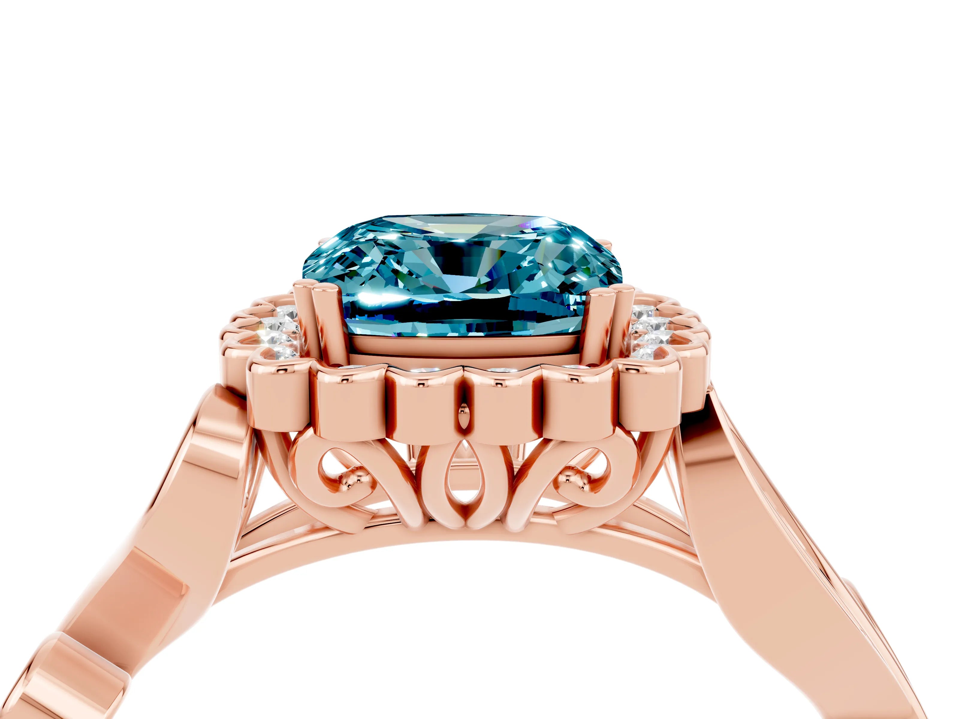 Rose gold Cushion Cut Blue Topaz Halo Ring with Vintage Split Shank and Four-Prong Setting_4