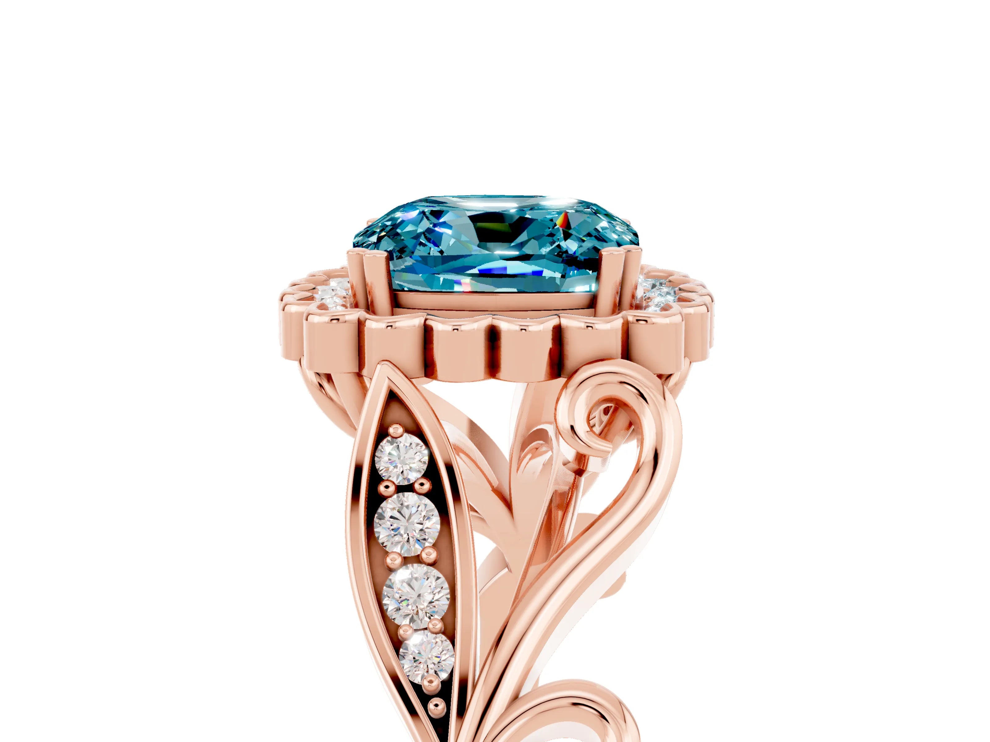 Rose gold Cushion Cut Blue Topaz Halo Ring with Vintage Split Shank and Four-Prong Setting_5