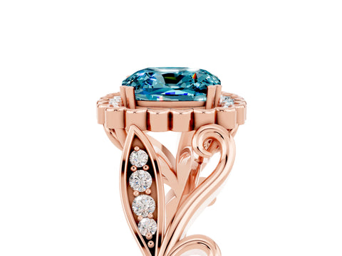 Rose gold Cushion Cut Blue Topaz Halo Ring with Vintage Split Shank and Four-Prong Setting_5