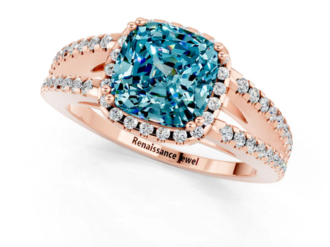 Rose gold Cushion Cut Blue Topaz Halo Split Shank Engagement Ring_13