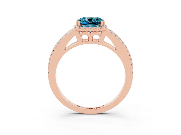 Rose gold Cushion Cut Blue Topaz Halo Split Shank Engagement Ring