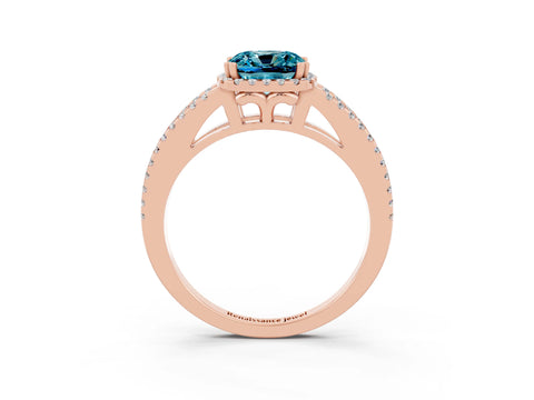 Rose gold Cushion Cut Blue Topaz Halo Split Shank Engagement Ring_15