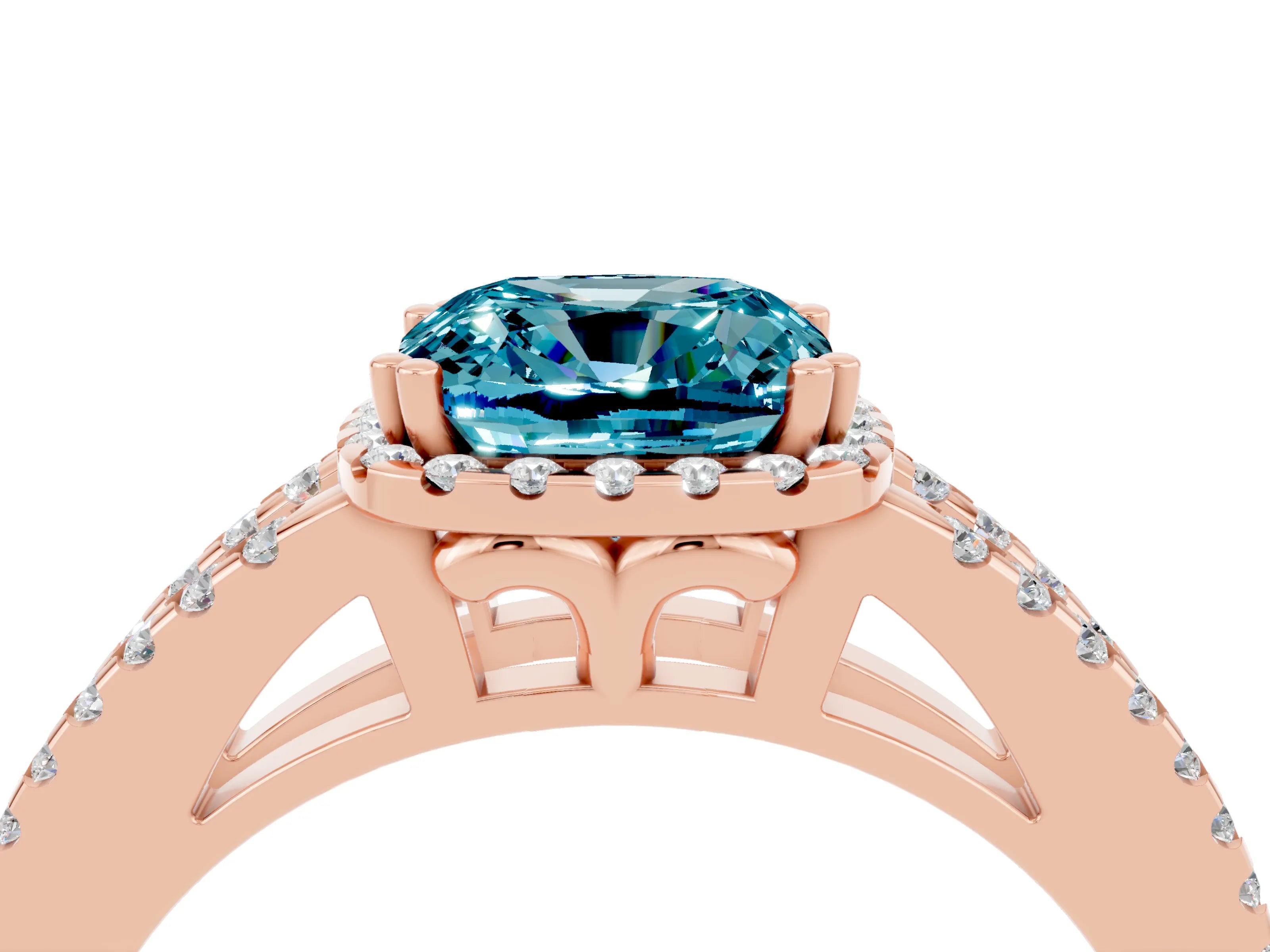 Rose gold Cushion Cut Blue Topaz Halo Split Shank Engagement Ring_16