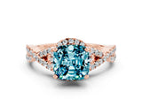 Rose gold Cushion Cut Blue Topaz Halo Twist Band Solitaire Prong Setting Ring