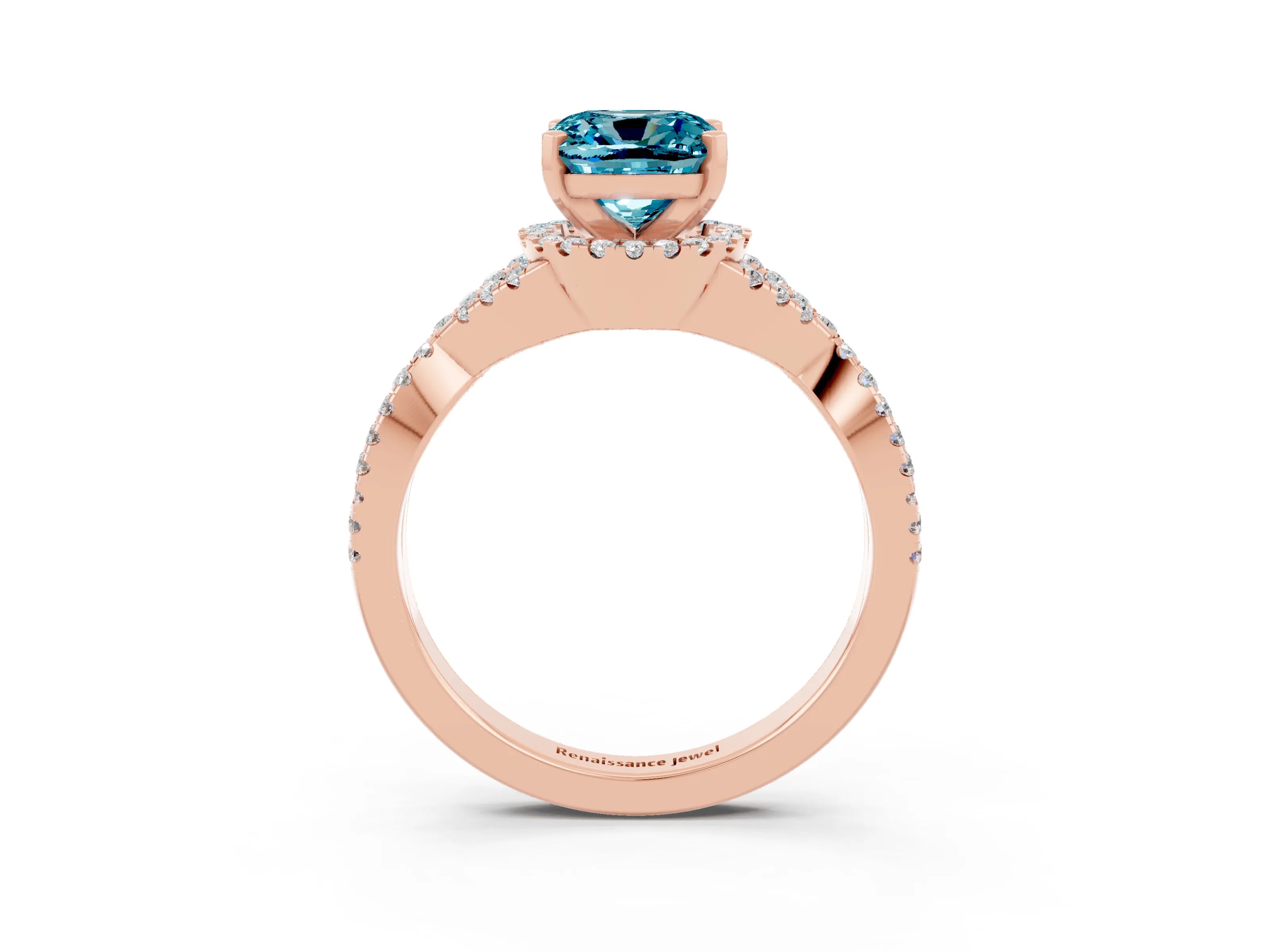 Rose gold Cushion Cut Blue Topaz Halo Twist Band Solitaire Prong Setting Ring_3