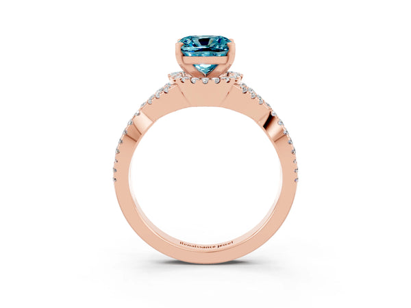 Rose gold Cushion Cut Blue Topaz  Halo Twist Band Solitaire Prong Setting Ring