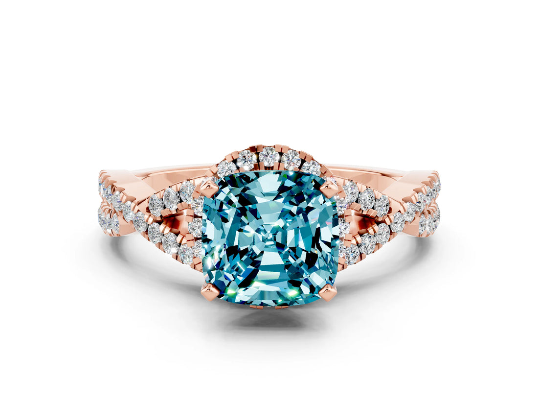 Rose gold Cushion Cut Blue Topaz  Halo Twist Band Solitaire Prong Setting Ring_36