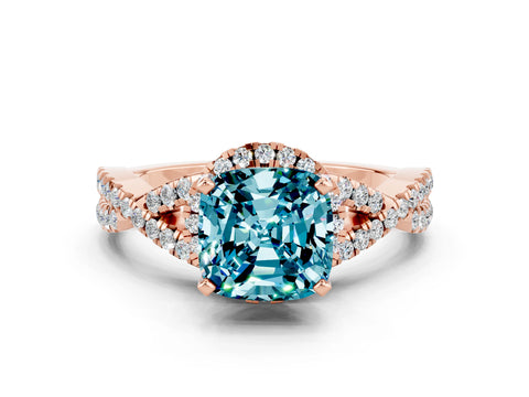 Rose gold Cushion Cut Blue Topaz Halo Twist Band Solitaire Prong Setting Ring