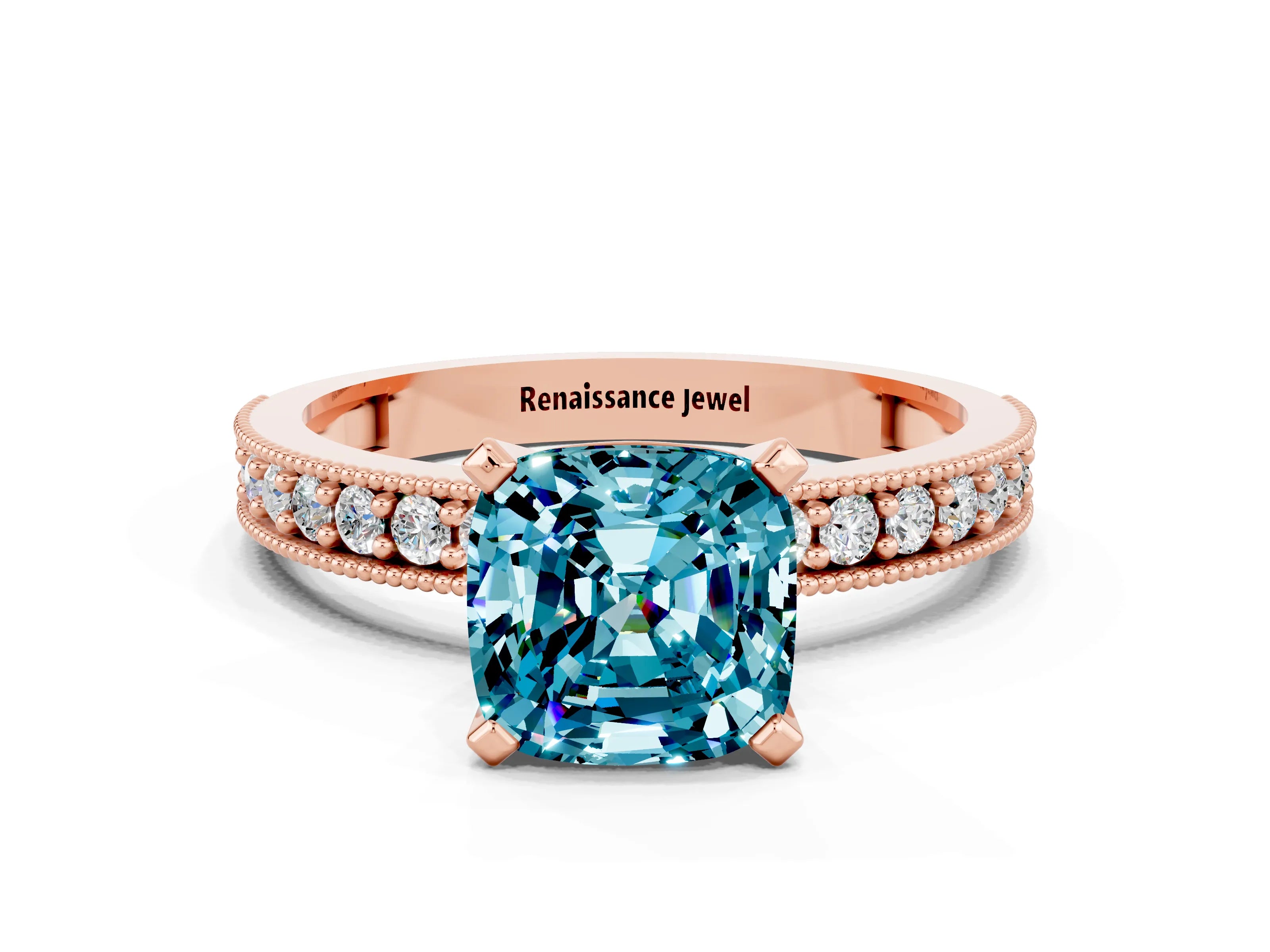 Rose gold Cushion Cut Blue Topaz Milgrain Pavé Engagement Ring with Four-Prong Setting_12