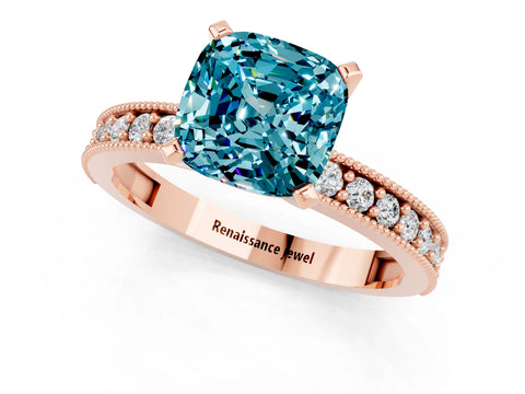 Rose gold Cushion Cut Blue Topaz Milgrain Pavé Engagement Ring with Four-Prong Setting_13