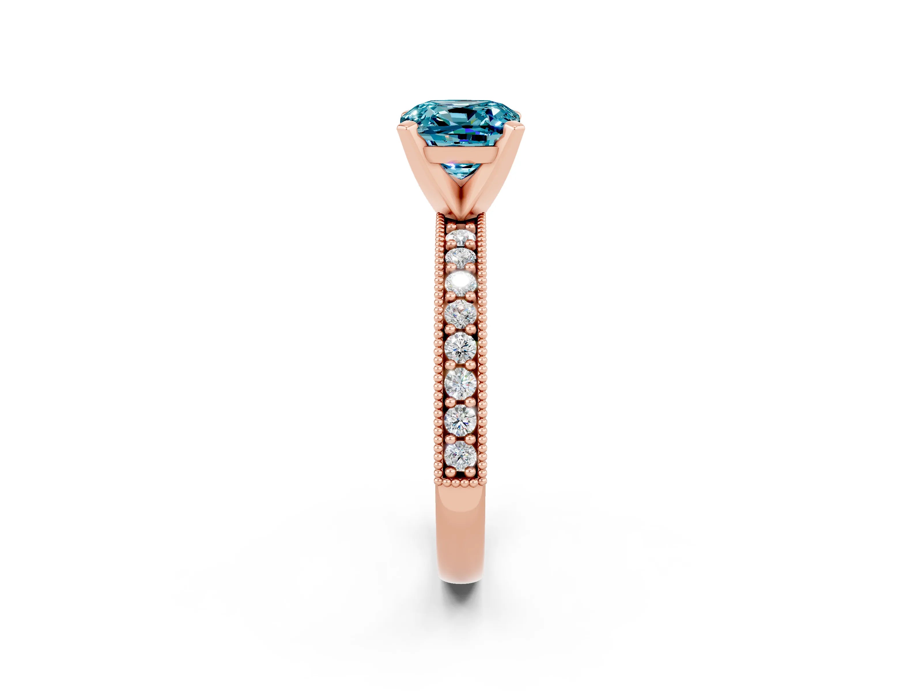 Rose gold Cushion Cut Blue Topaz Milgrain Pavé Engagement Ring with Four-Prong Setting_14