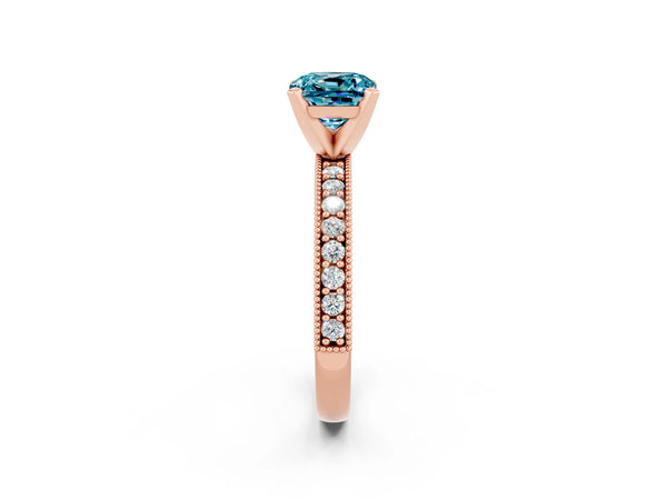 Rose gold Cushion Cut Blue Topaz Milgrain Pavé Engagement Ring with Four-Prong Setting