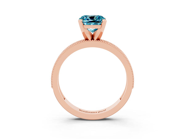 Rose gold Cushion Cut Blue Topaz Milgrain Pavé Engagement Ring with Four-Prong Setting