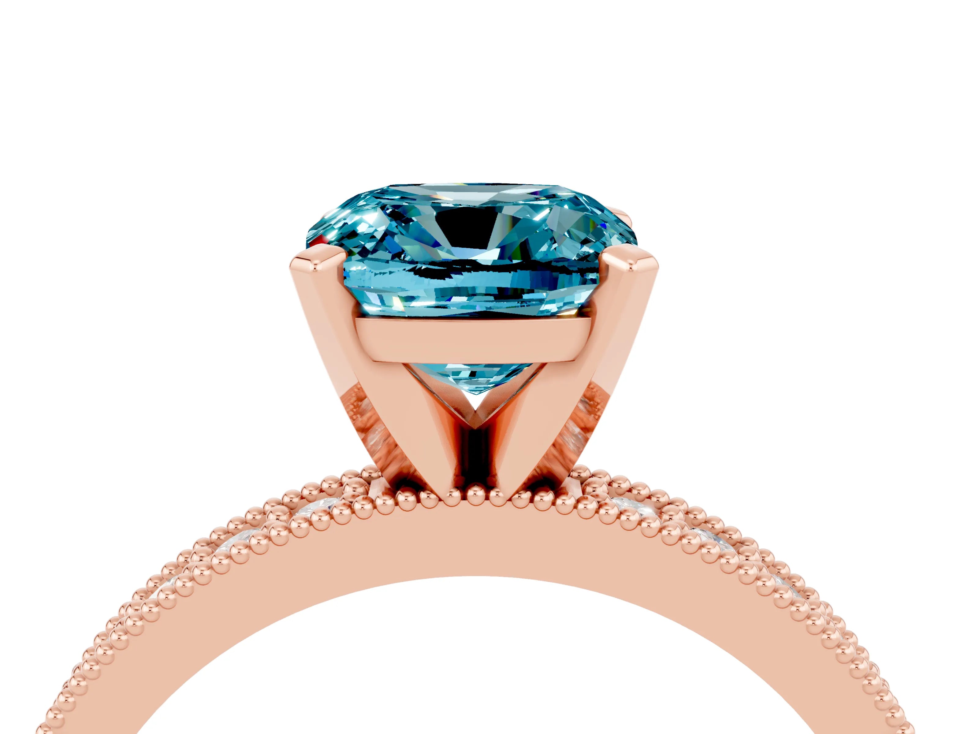 Rose gold Cushion Cut Blue Topaz Milgrain Pavé Engagement Ring with Four-Prong Setting_16