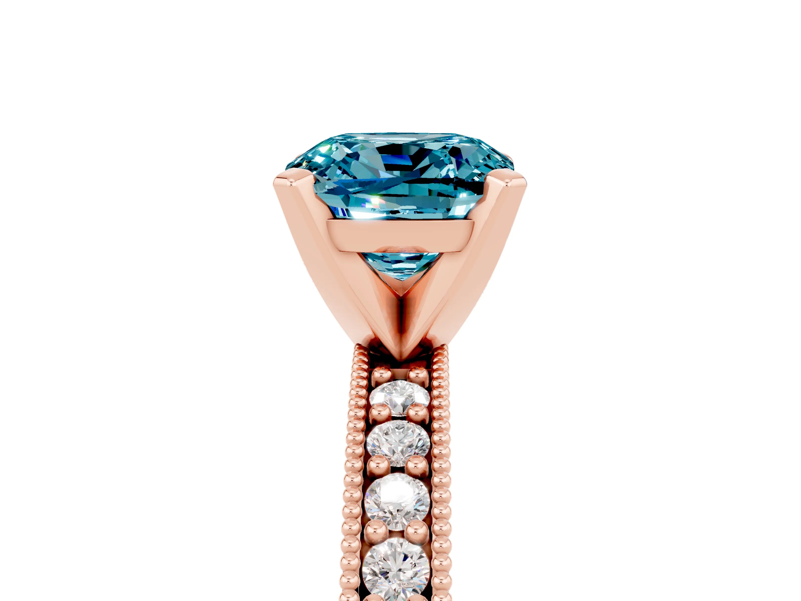 Rose gold Cushion Cut Blue Topaz Milgrain Pavé Engagement Ring with Four-Prong Setting_17