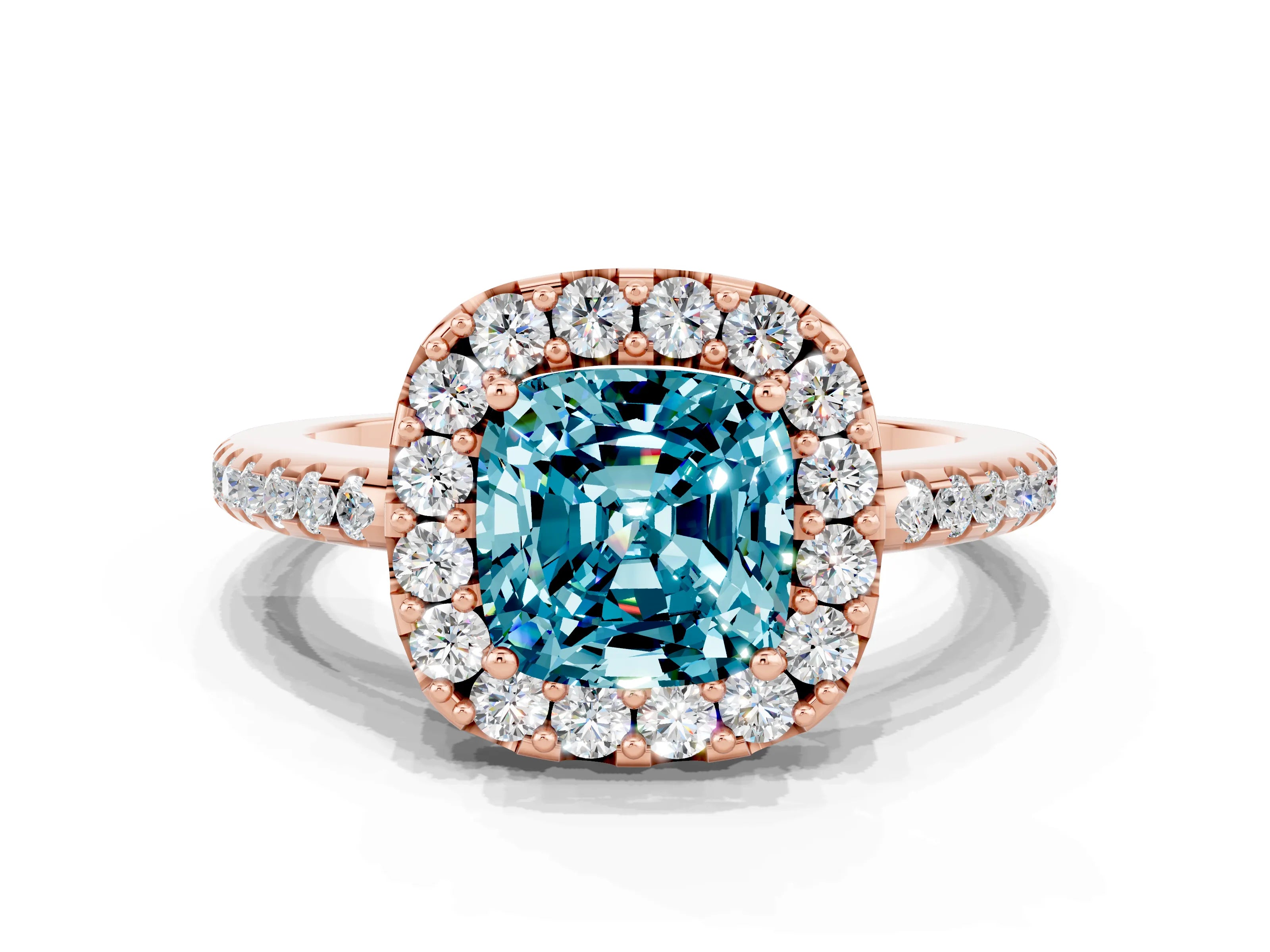 Rose gold Cushion Cut Blue Topaz Pavé Halo Ring with Four-Prong Setting_12
