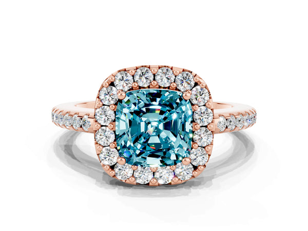 Rose gold Cushion Cut Blue Topaz Pavé Halo Ring with Four-Prong Setting