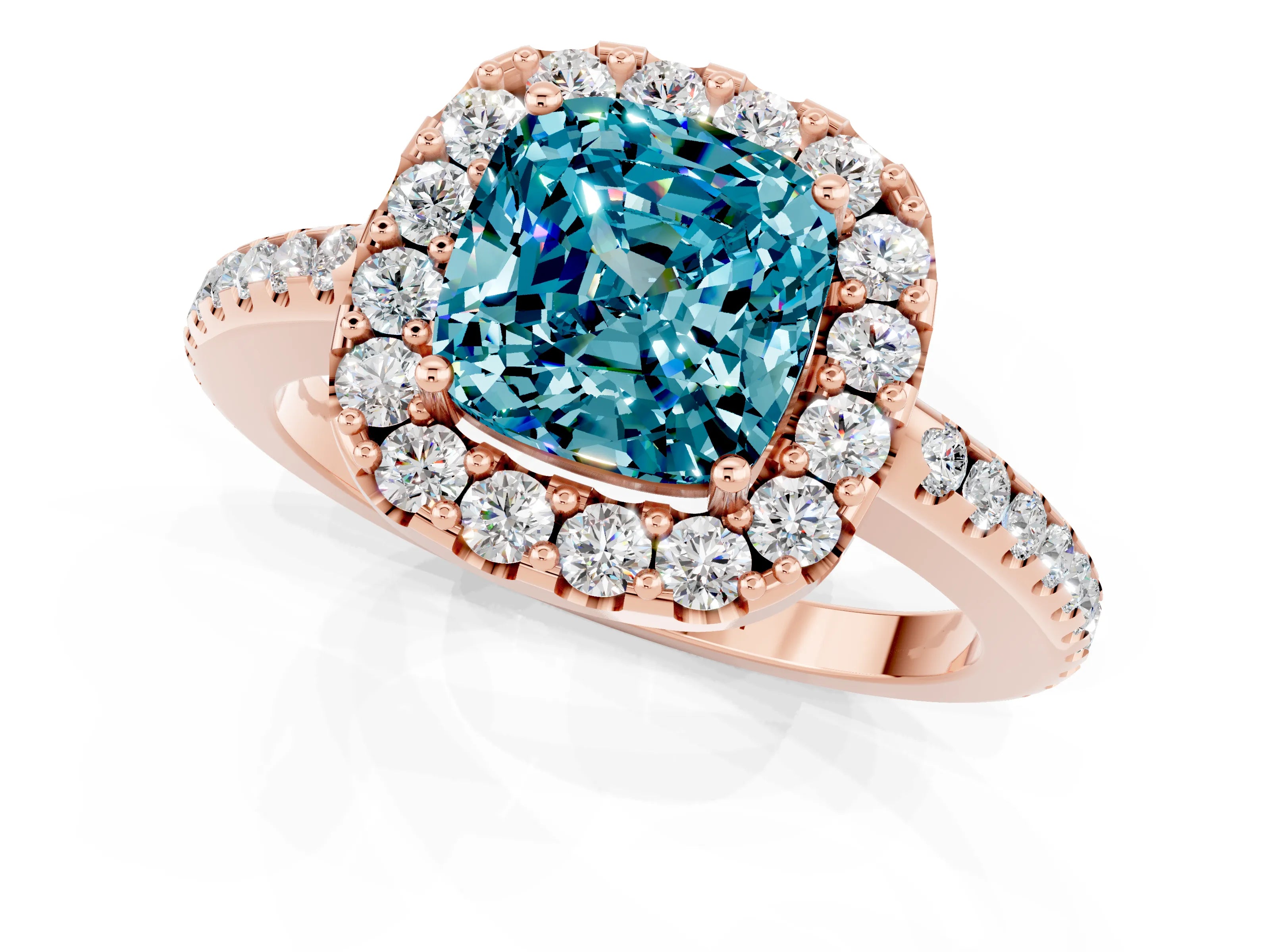 Rose gold Cushion Cut Blue Topaz Pavé Halo Ring with Four-Prong Setting_13