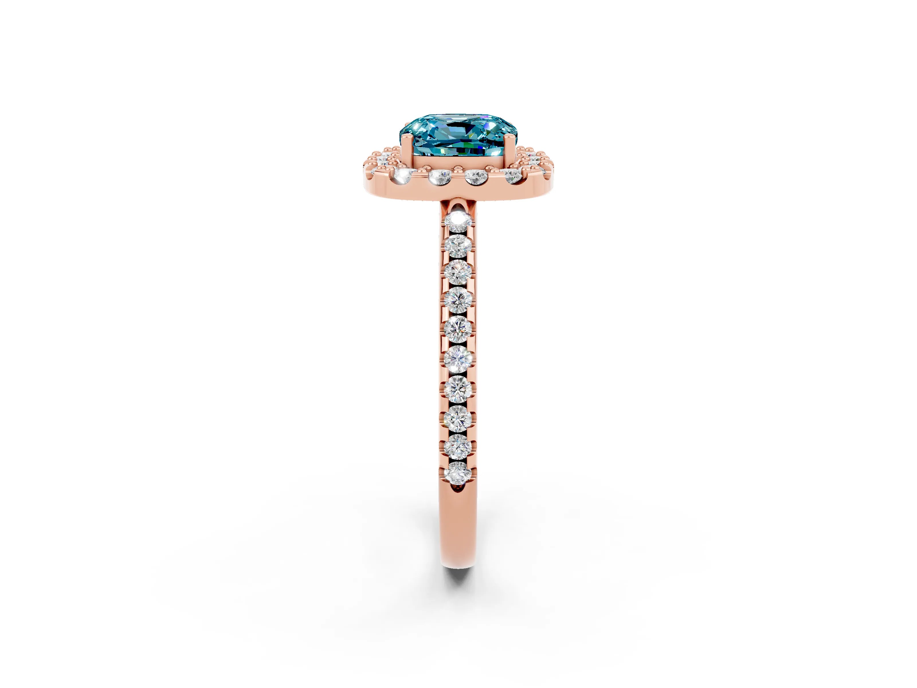 Rose gold Cushion Cut Blue Topaz Pavé Halo Ring with Four-Prong Setting_14