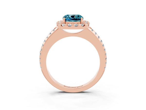 Rose gold Cushion Cut Blue Topaz Pavé Halo Ring with Four-Prong Setting