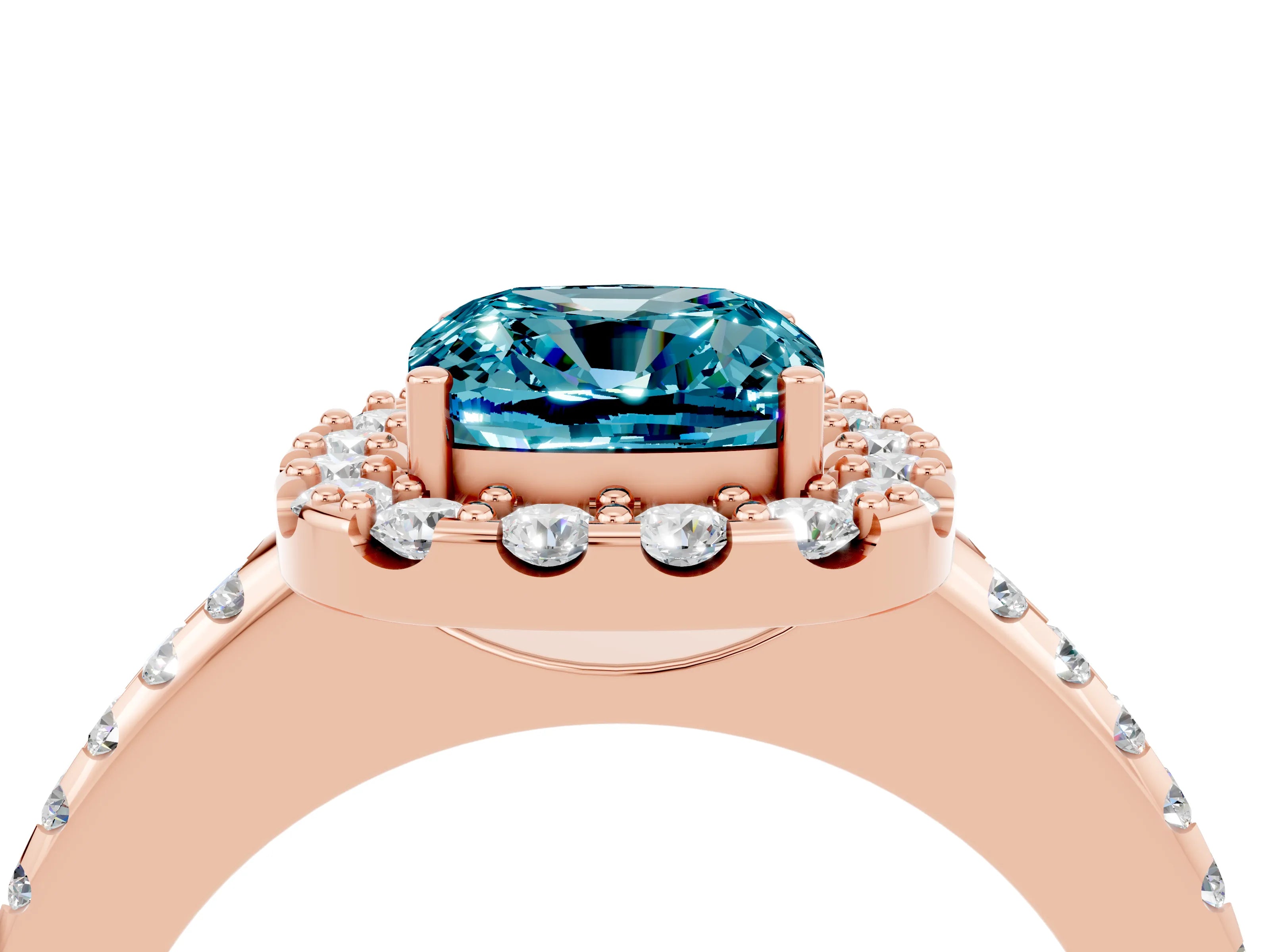 Rose gold Cushion Cut Blue Topaz Pavé Halo Ring with Four-Prong Setting_16