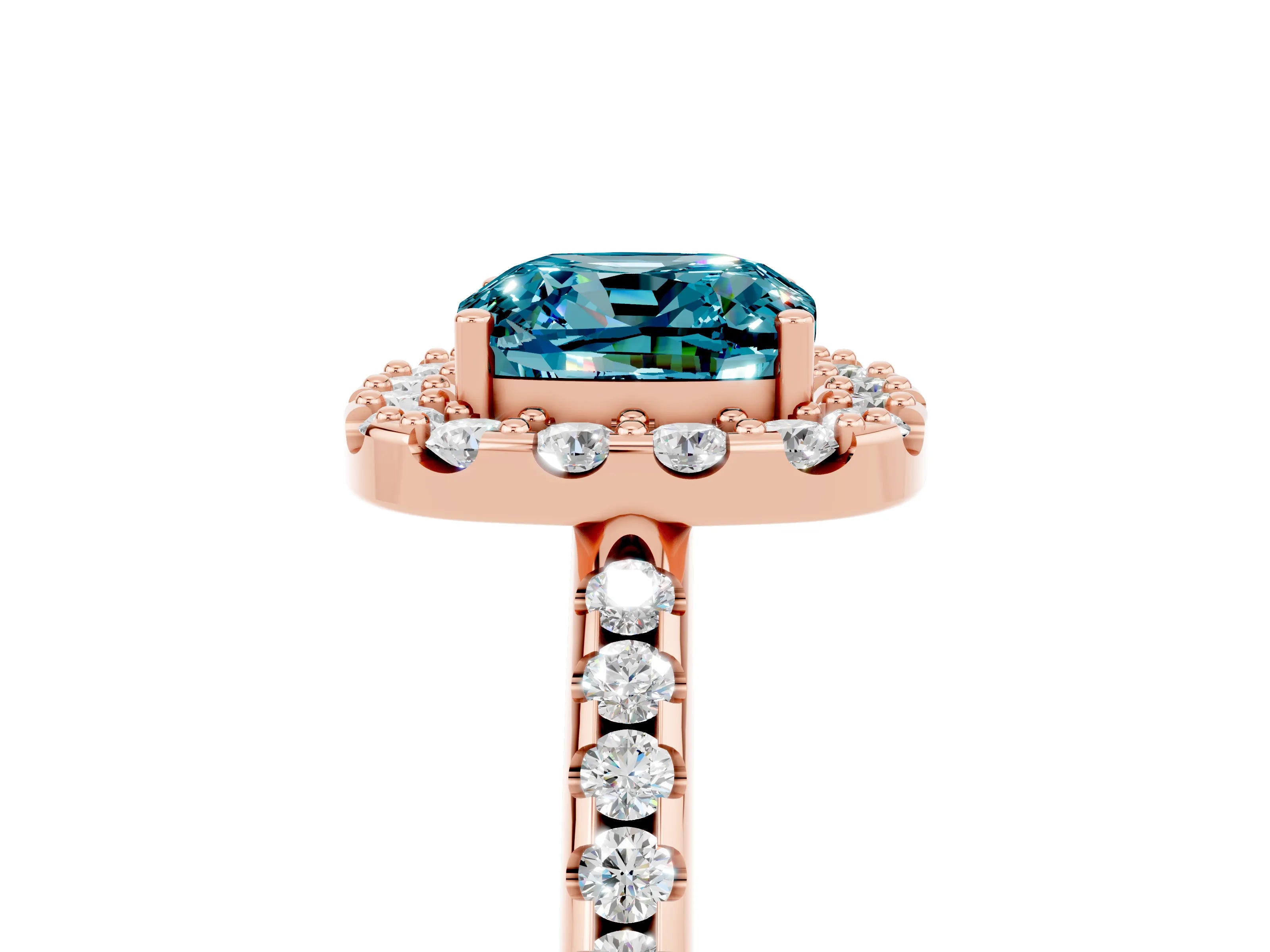 Rose gold Cushion Cut Blue Topaz Pavé Halo Ring with Four-Prong Setting_17