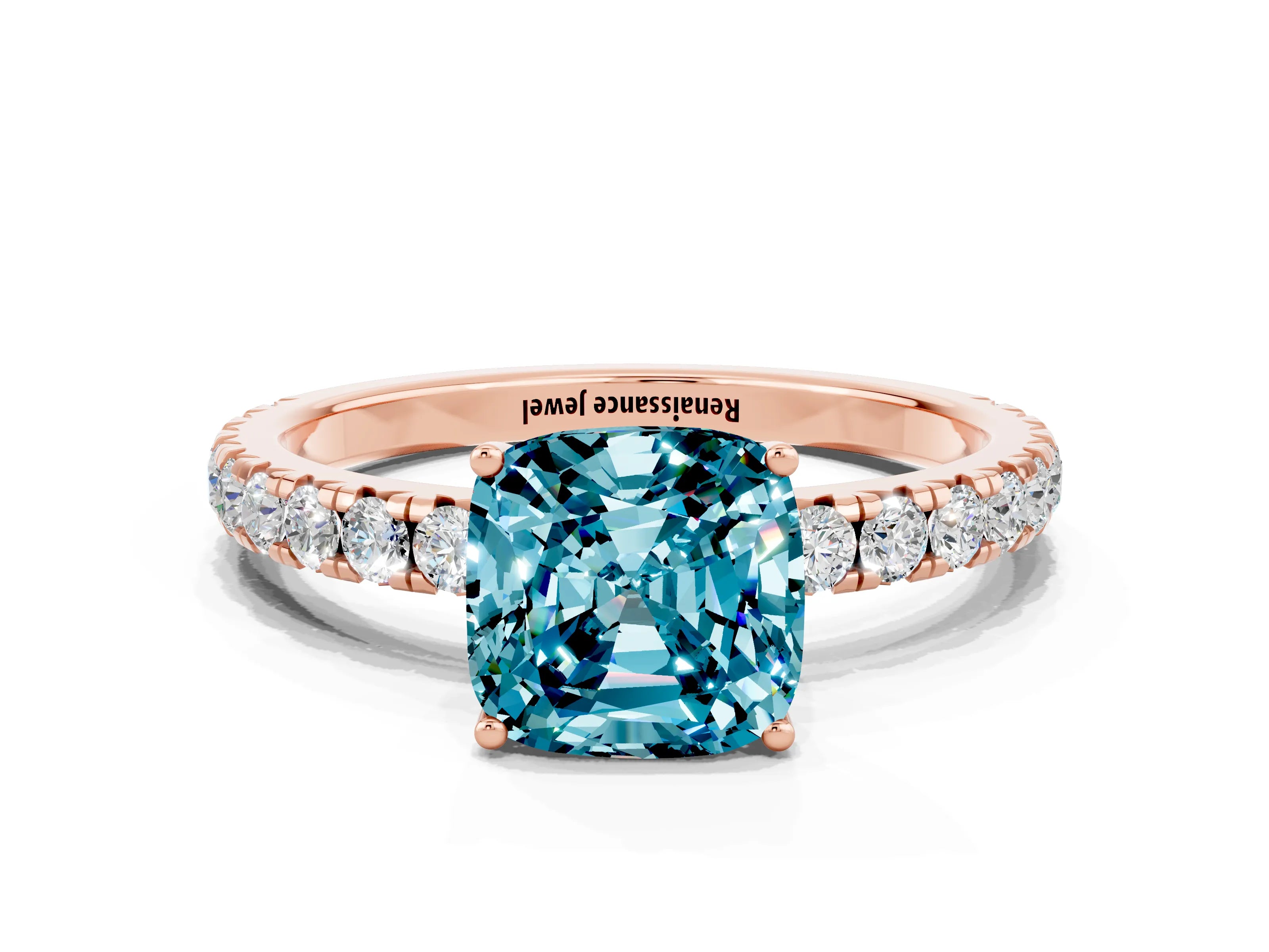 Rose gold Cushion Cut Blue Topaz Pavé Solitaire Engagement Ring with Four-Prong Setting_12
