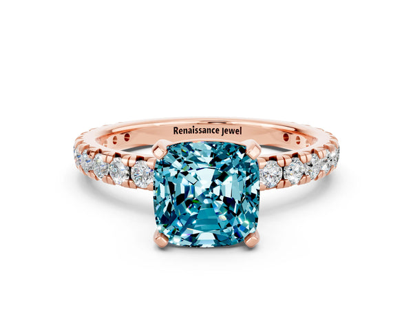 Rose gold Cushion Cut Blue Topaz Pavé Solitaire Ring with Round Band and Prong Setting